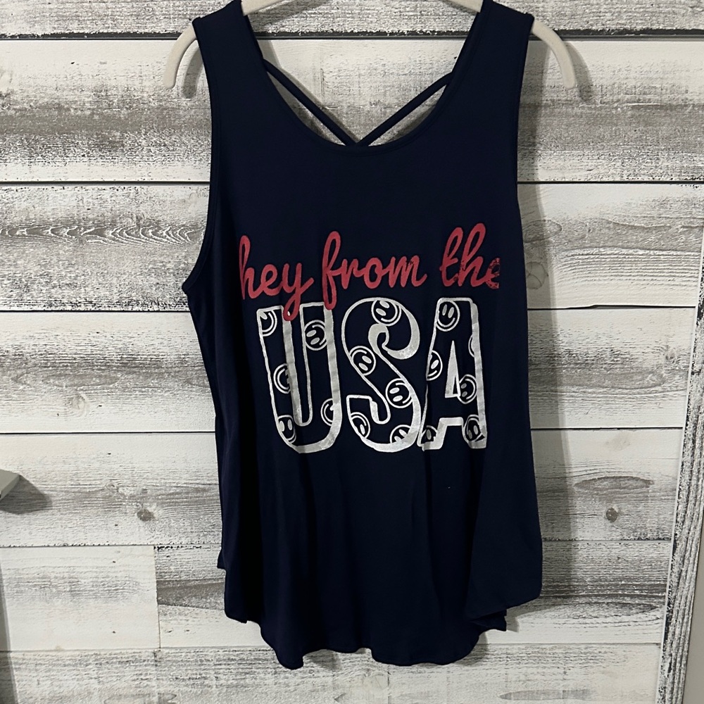 LuLaRoe Navy and Red USA Graphic Tank Top